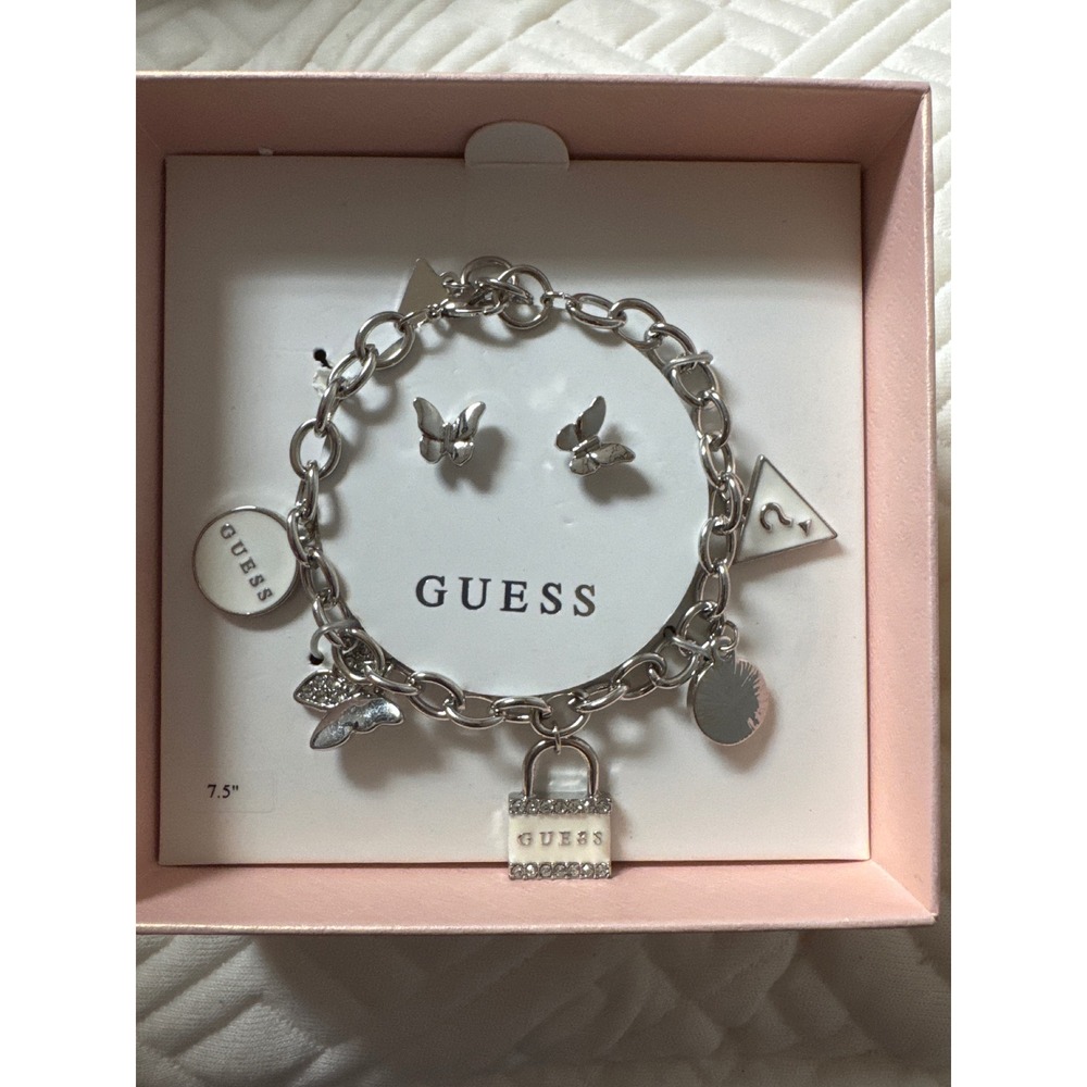 GUESS Silver Tone Charm Bracelet and Butterfly Earrings Set NWOT 7.5 Inch